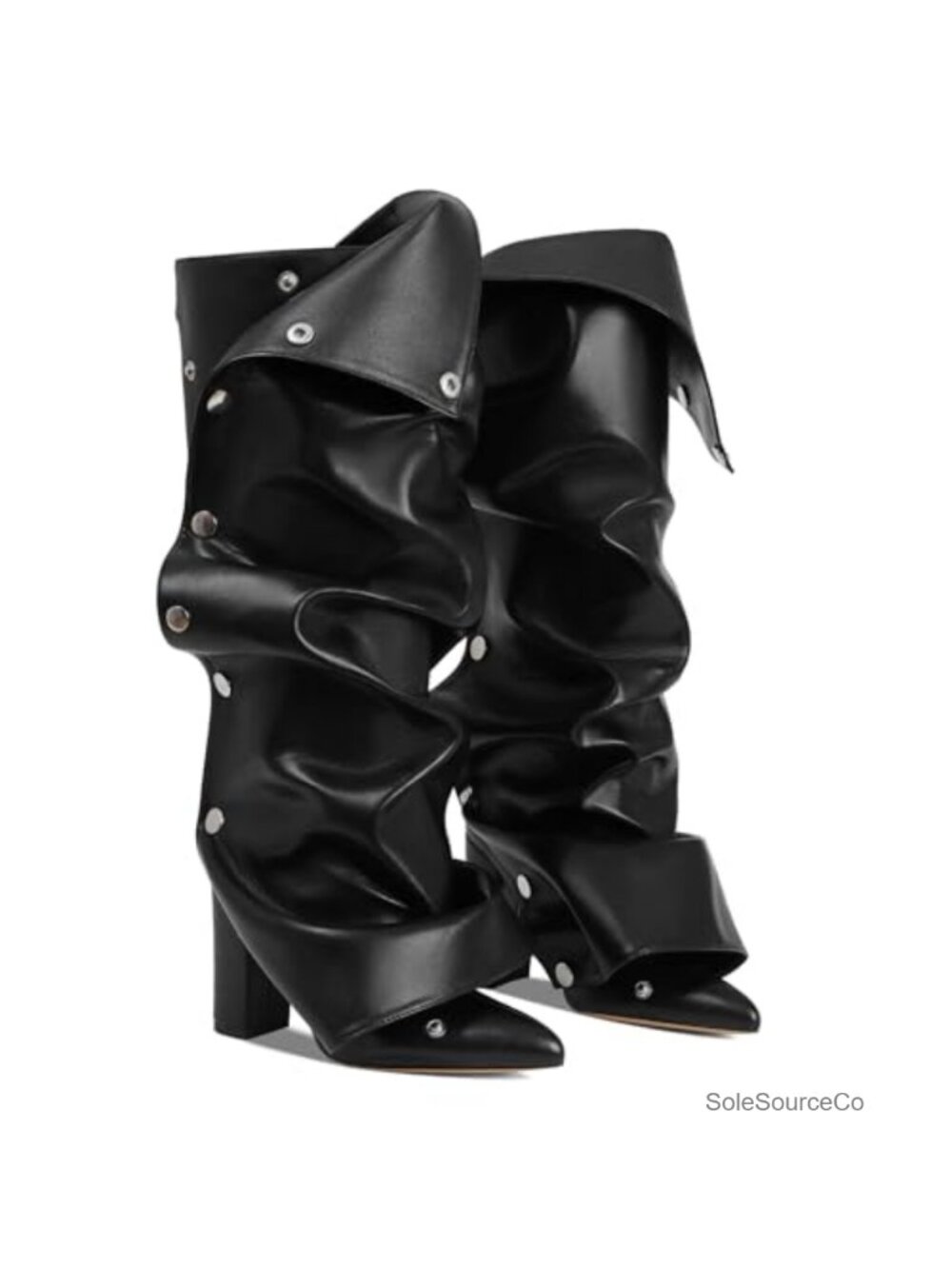 Fold Over Knee High Boots Pointed Toe Chunky Heel Side Zip